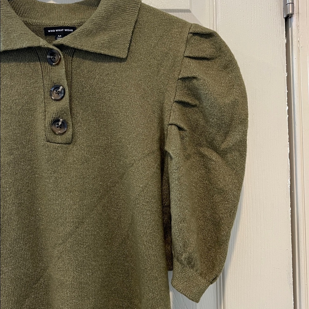 Who What Wear Olive Green Puff Sleeve Polo Sweater - Picture 3 of 5